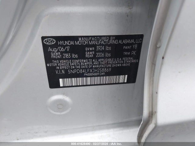 5NPD84LFXJH258869 Hyundai ELANTRA SEL