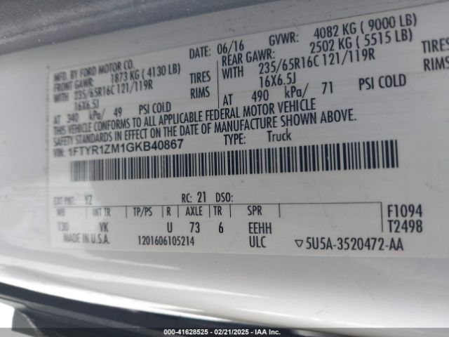 1FTYR1ZM1GKB40867 Ford Transit-250