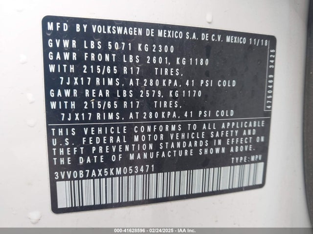 3VV0B7AX5KM053471 Volkswagen Tiguan 2.0t S