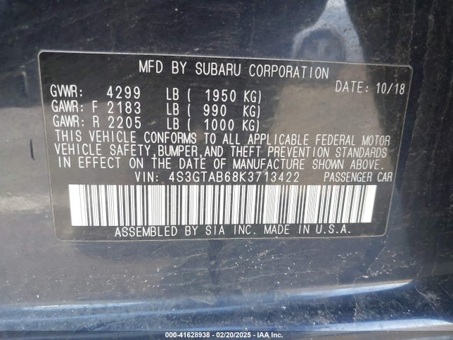 Subaru Impreza 2.0i 2019 4S3GTAB68K3713422 Image 9