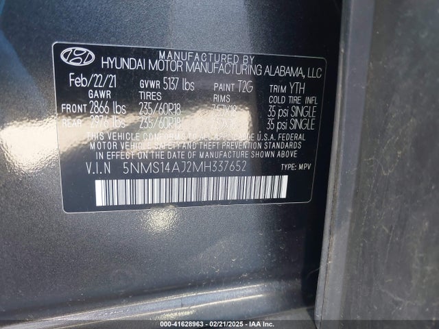 5NMS14AJ2MH337652 Hyundai Santa Fe Se