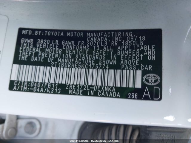2T1BURHE5KC175774 Toyota COROLLA LE