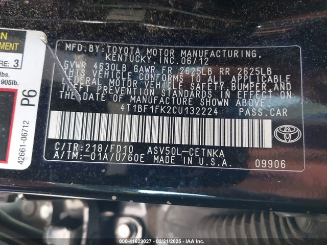 Aukcja sprzedaży 2012 Toyota Camry Le, vin: 4T1BF1FK2CU132224, numer aukcji: 41629027