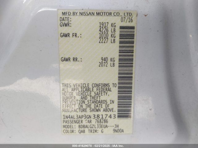 1N4AL3AP3GN381743 Nissan Altima 2.5 S