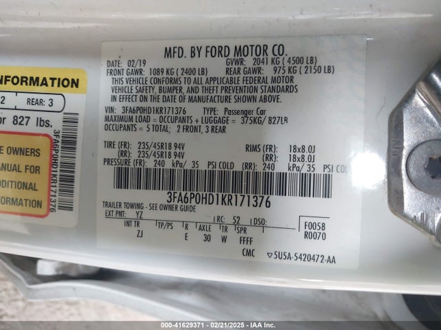 Продажа на аукционе авто 2019 Ford Fusion Se, vin: 3FA6P0HD1KR171376, номер лота: 41629371
