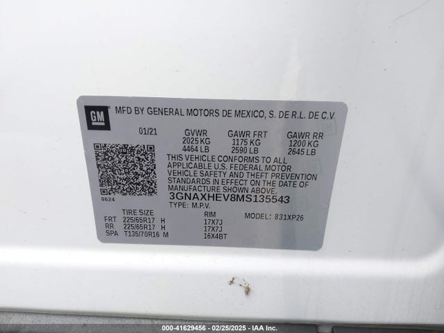 3GNAXHEV8MS135543 Chevrolet Equinox Fwd Ls