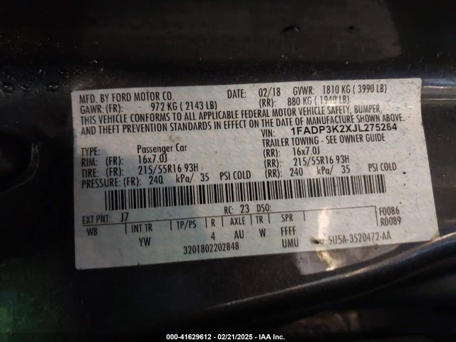 1FADP3K2XJL275264 Ford FOCUS SE