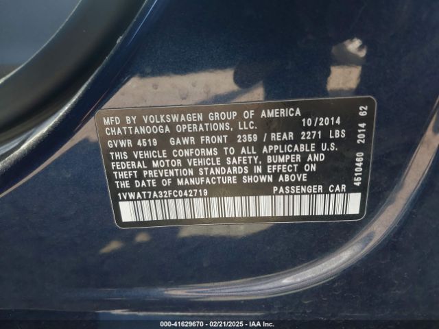 1VWAT7A32FC042719 Volkswagen Passat 1.8t Wolfsburg Edition