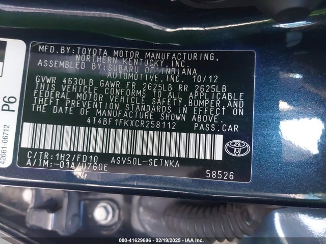 2012 Toyota Camry Le მანქანა იყიდება აუქციონზე, vin: 4T4BF1FKXCR258112, აუქციონის ნომერი: 41629696