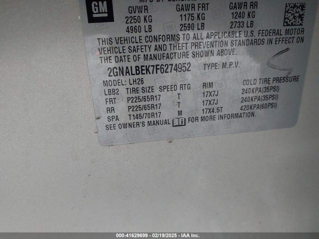 Chevrolet EQUINOX 1LT 2015 2GNALBEK7F6274952 Image 9