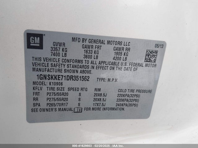 2013 Chevrolet Suburban 1500 Ltz მანქანა იყიდება აუქციონზე, vin: 1GNSKKE71DR351562, აუქციონის ნომერი: 41629803