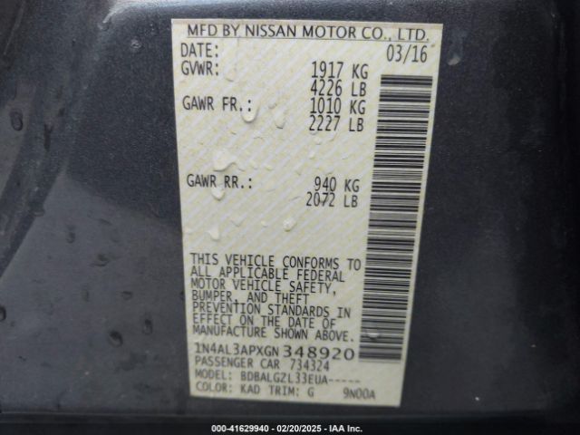 1N4AL3APXGN348920 Nissan Altima 2.5/2.5 S/2.5 Sl/2.5 Sr/2.5 Sv
