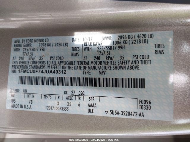 1FMCU0F74JUA49312 Ford ESCAPE S