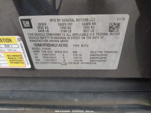 1GNKVFKD4HJ142765 Chevrolet Traverse Ls