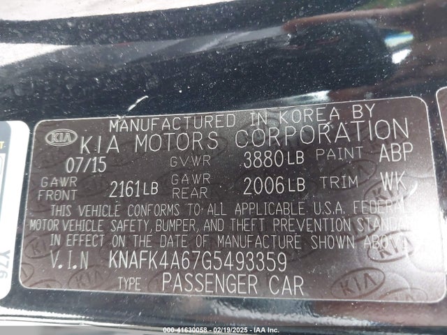 KNAFK4A67G5493359 KIA FORTE LX