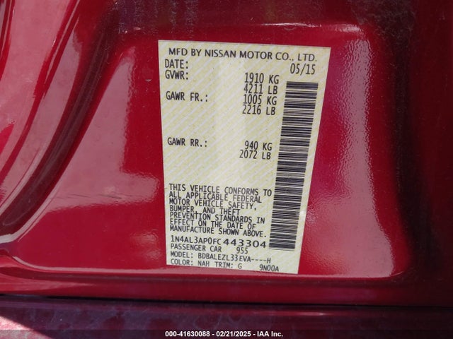 Nissan Altima 2.5 S 2015 1N4AL3AP0FC443304 Image 9