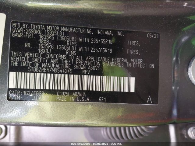 5TDBZRBH7MS544245 Toyota Highlander Le