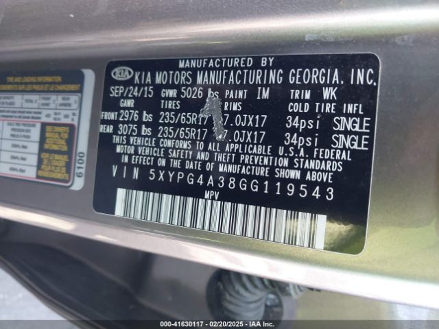 5XYPG4A38GG119543 KIA Sorento 2.4l Lx