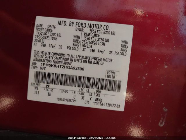 1FM5K8HT2HGA92806 Ford Explorer Platinum