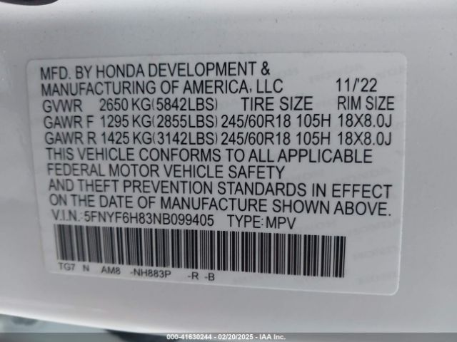 5FNYF6H83NB099405 Honda Pilot Awd Trailsport