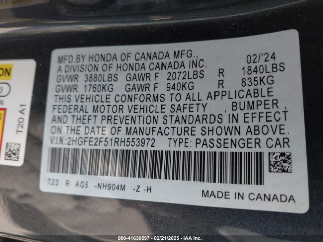 2HGFE2F51RH553972 Honda Civic Sport