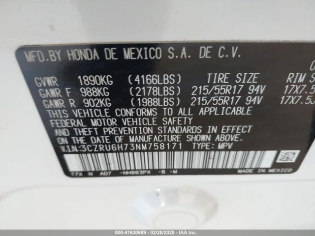 3CZRU6H73NM758171 Honda Hr-v Awd Ex-l