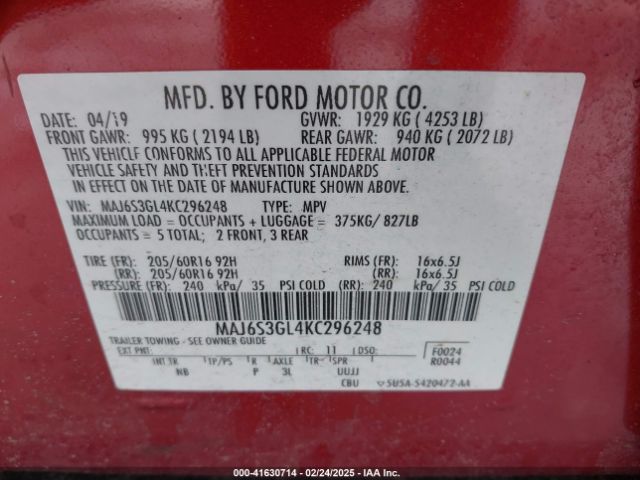 MAJ6S3GL4KC296248 Ford Ecosport Se