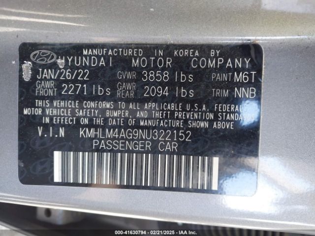 KMHLM4AG9NU322152 Hyundai ELANTRA SEL