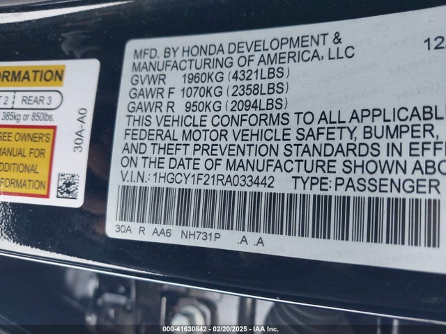 1HGCY1F21RA033442 Honda ACCORD LX