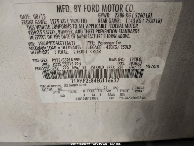 1FAHP2E84EG116637 Ford TAURUS SEL