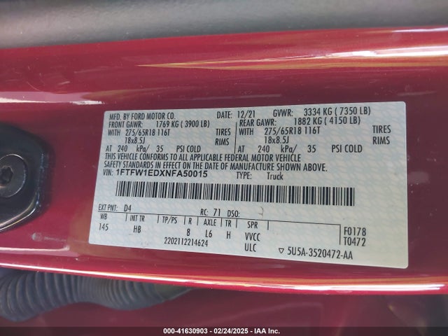 1FTFW1EDXNFA50015 Ford F-150 Lariat