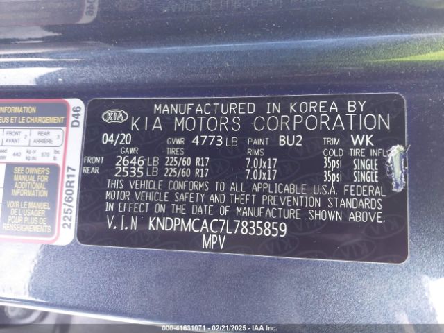 KNDPMCAC7L7835859 KIA Sportage Lx