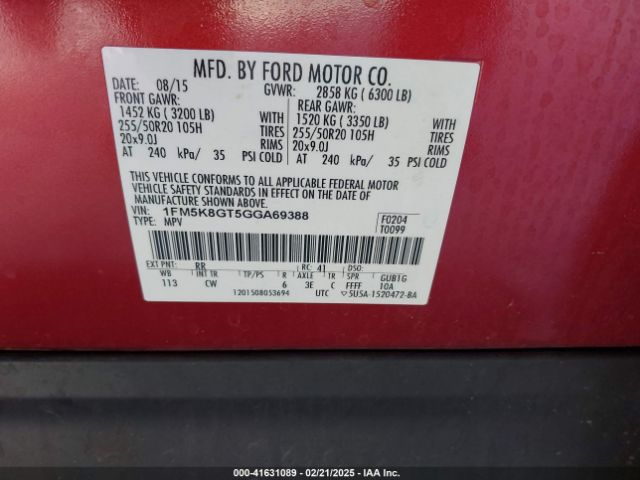 1FM5K8GT5GGA69388 Ford EXPLORER SPORT