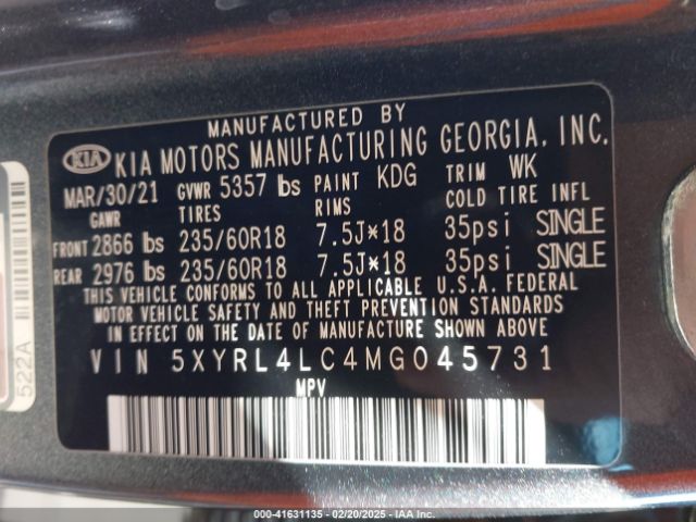 5XYRL4LC4MG045731 KIA SORENTO S