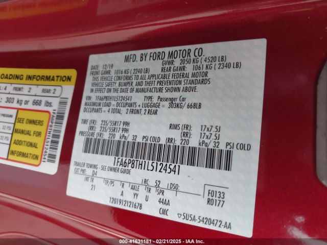 1FA6P8TH1L5124541 Ford Mustang Ecoboost Fastback