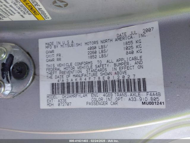 2008 MITSUBISHI ECLIPSE 4A3AK64F78E012027 Photo 8