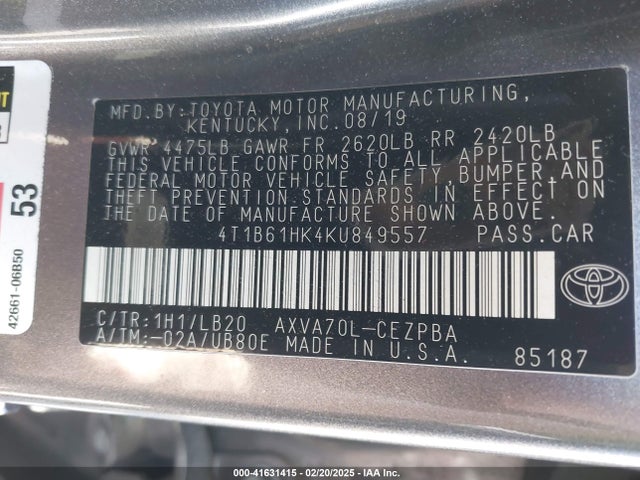 4T1B61HK4KU849557 Toyota CAMRY XSE
