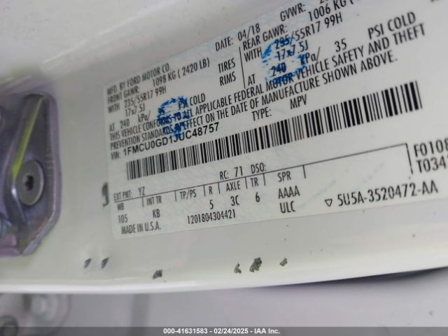 1FMCU0GD1JUC48757 Ford ESCAPE SE