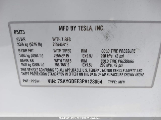 Продажа на аукционе авто 2023 Tesla Model Y, vin: 7SAYGDEE3PA123054, номер лота: 41631602
