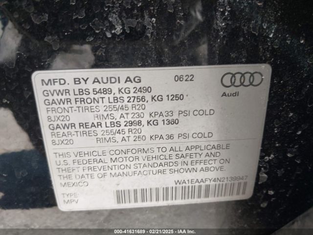 WA1EAAFY4N2139947 Audi Q5 Premium Plus 45 Tfsi S Line Quattro S Tronic