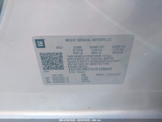 1GCRCREC5JZ138622 Chevrolet Silverado 1500 1lt