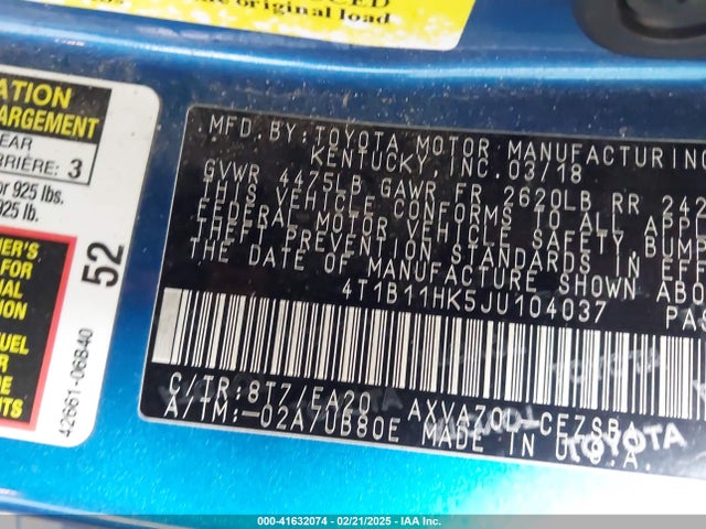 4T1B11HK5JU104037 Toyota CAMRY SE