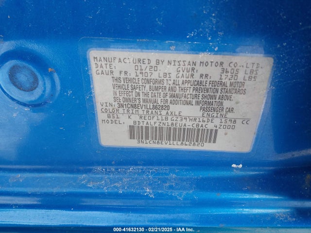 3N1CN8EV1LL862820 Nissan Versa Sv Xtronic Cvt