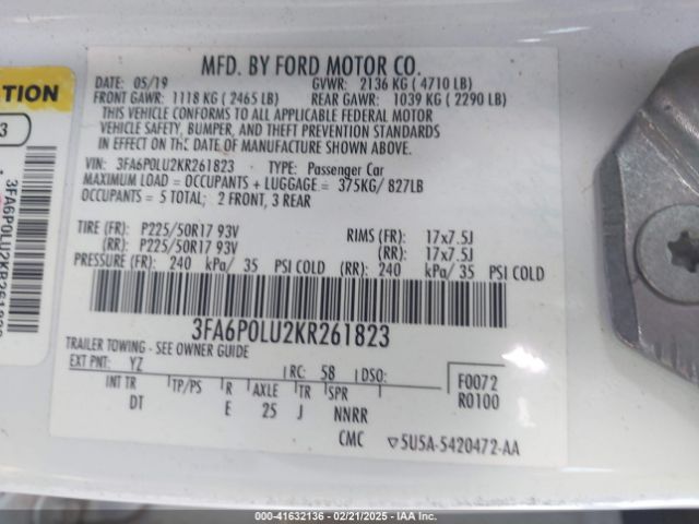 3FA6P0LU2KR261823 Ford Fusion Hybrid Se