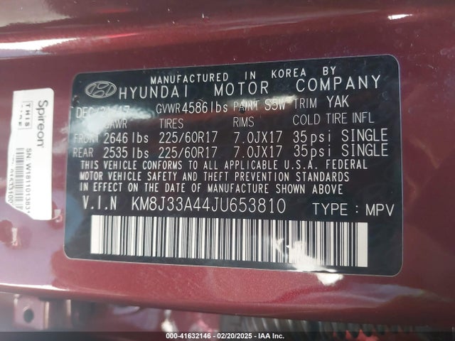 KM8J33A44JU653810 Hyundai TUCSON SEL