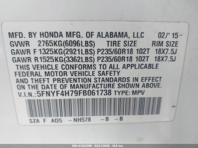 Honda Pilot Ex-l 2015 5FNYF4H79FB061738 Image 9