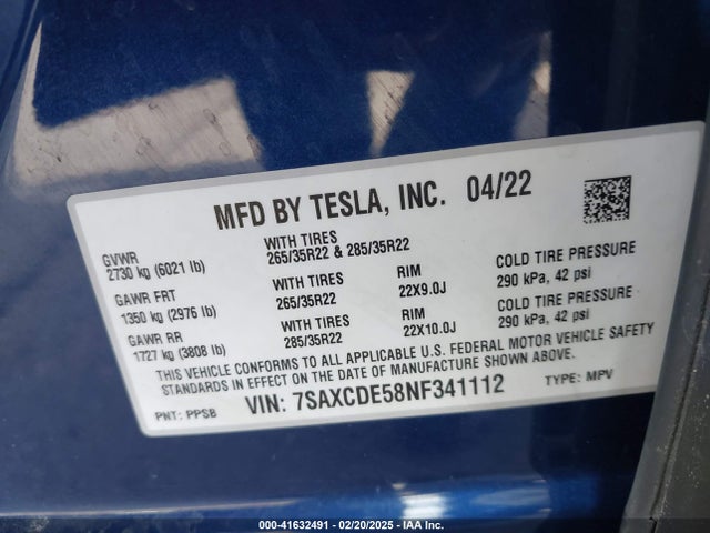 2022 TESLA MODEL X 7SAXCDE58NF341112 Photo 8