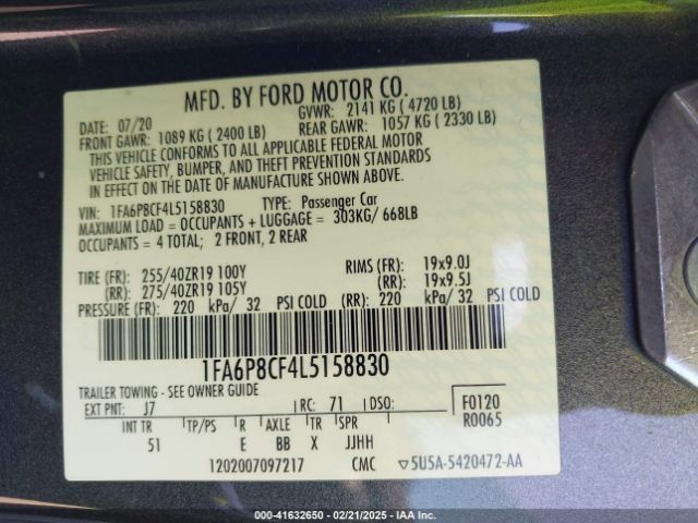 1FA6P8CF4L5158830 Ford Mustang Gt Premium Fastback