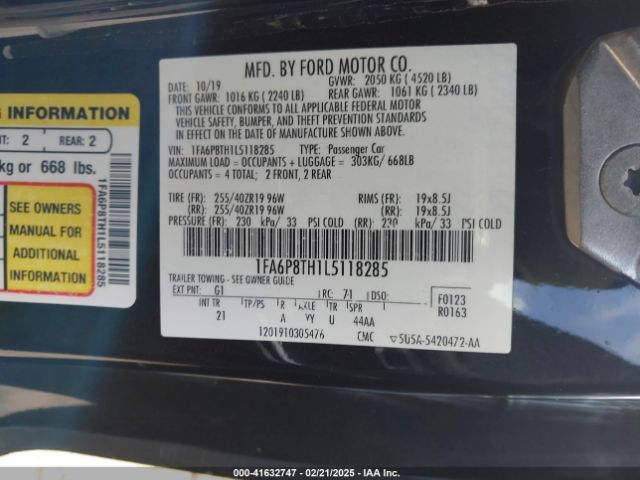 1FA6P8TH1L5118285 Ford Mustang Ecoboost Fastback