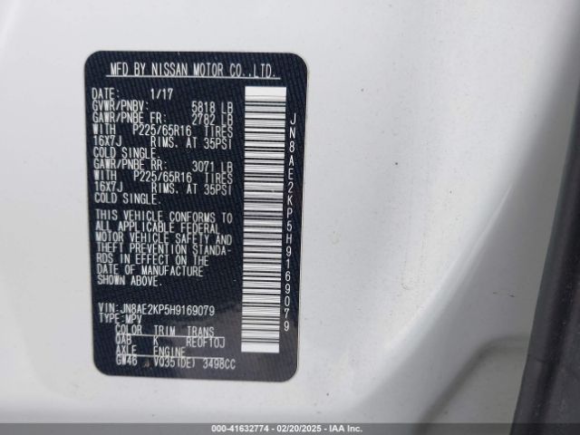 JN8AE2KP5H9169079 Nissan Quest Sv